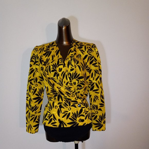 Yellow printed blouse-jacket, vintage from early1980s, made in Canada - Picture 1 of 10